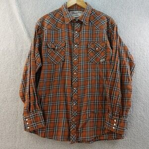 Wrangler Men's 2XL Pearl‎ Snap Orange Plaid Western Flannel Shirt Long Sleeve